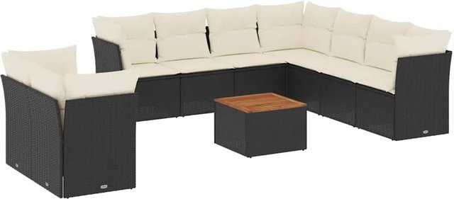 vidaXL 11-teilige Garten-Sofagarnitur in L-Form aus Polyrattan und Akazienholz mit Kissen in Schwarz-Creme - Bild 1
