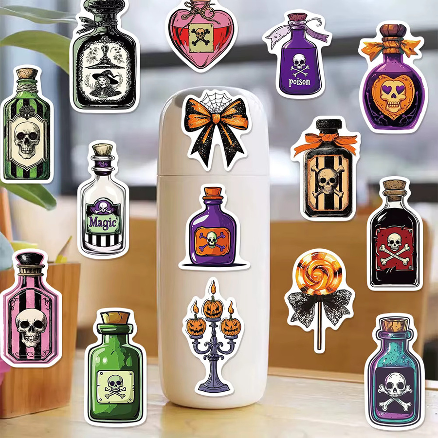 PickJoy 50 Stück Halloween Medizin Flasche Aufkleber, kreative Graffiti Sticker, wasserfest für Notebook, Gepäck und Lautsprecher, Mehrfarbig - Bild 2