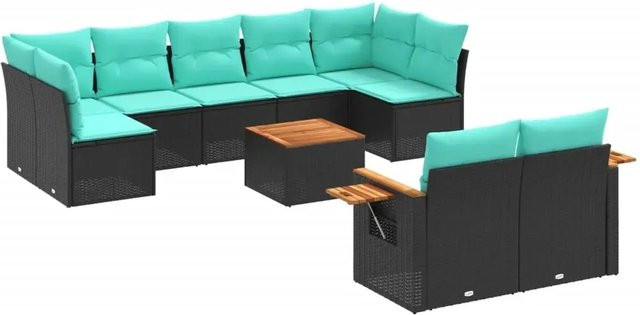 vidaXL 10-tlg. Garten-Sofagarnitur in L-Form aus Polyrattan und Akazienholz mit Kissen, Schwarz und Blau - Bild 1