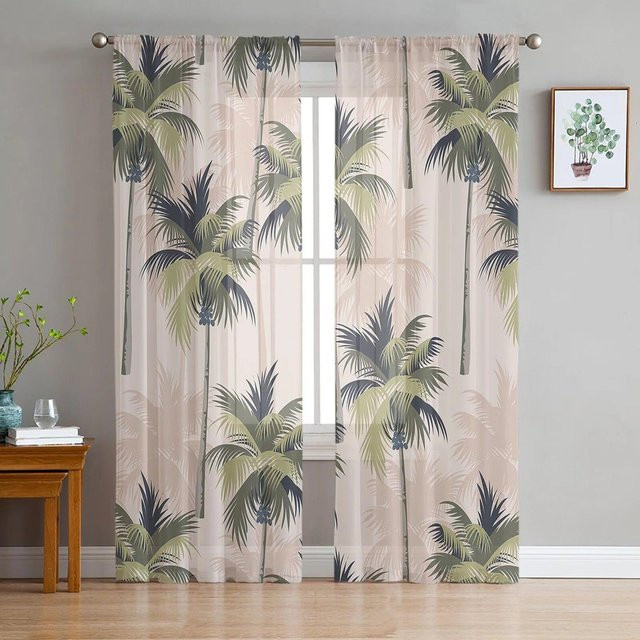 Transparenter Chiffonvorhang von A Family Of Home Textiles mit Kokosnussbaum- und Meermotiv, Mehrfarbig, B: 135 cm, H: 114 cm - Bild 1