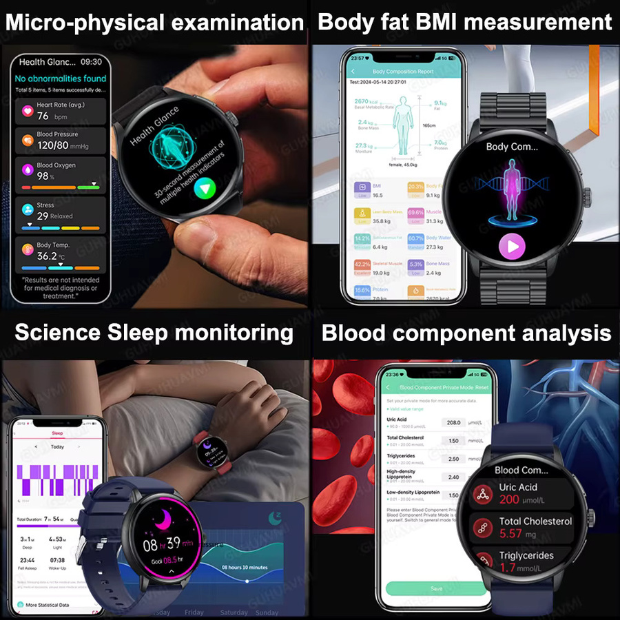 GUHUAVMI Smartwatch für Herren mit KI-gestützter Präzisionsdiagnose, HD AMOLED-Bildschirm, EKG-Messung, Blutdruck-, Harnsäure- und Körperfettmessung sowie Anruffunktion in Schwarz - Bild 2