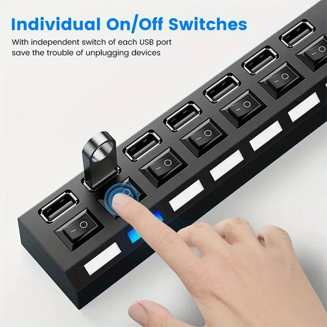 7-Port USB 2.0 Splitter mit Anti-Burnout-Schutz und Hochgeschwindigkeits-Synchronübertragung in Schwarz für PC, Laptop und andere Geräte - Bild 1