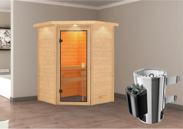 Karibu Massivholzsauna Antonia mit 3,6 kW Ofen, integrierter Steuerung und LED-Dachkranz in Natur - Bild 1