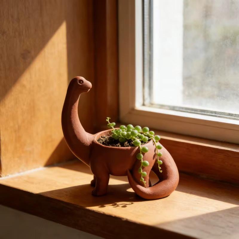 Dinosaurier-Blumentopf aus Kunststoff in Braun mit Drainageloch für Sukkulenten, Kakteen und kleine Pflanzen, B/T/H: 10 x 10 x 10 cm - Bild 2