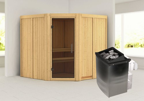 Karibu Sauna Vöru für 4 Personen mit 9 kW Saunaofen und integrierter Steuerung, Farbe: beige - Bild 1