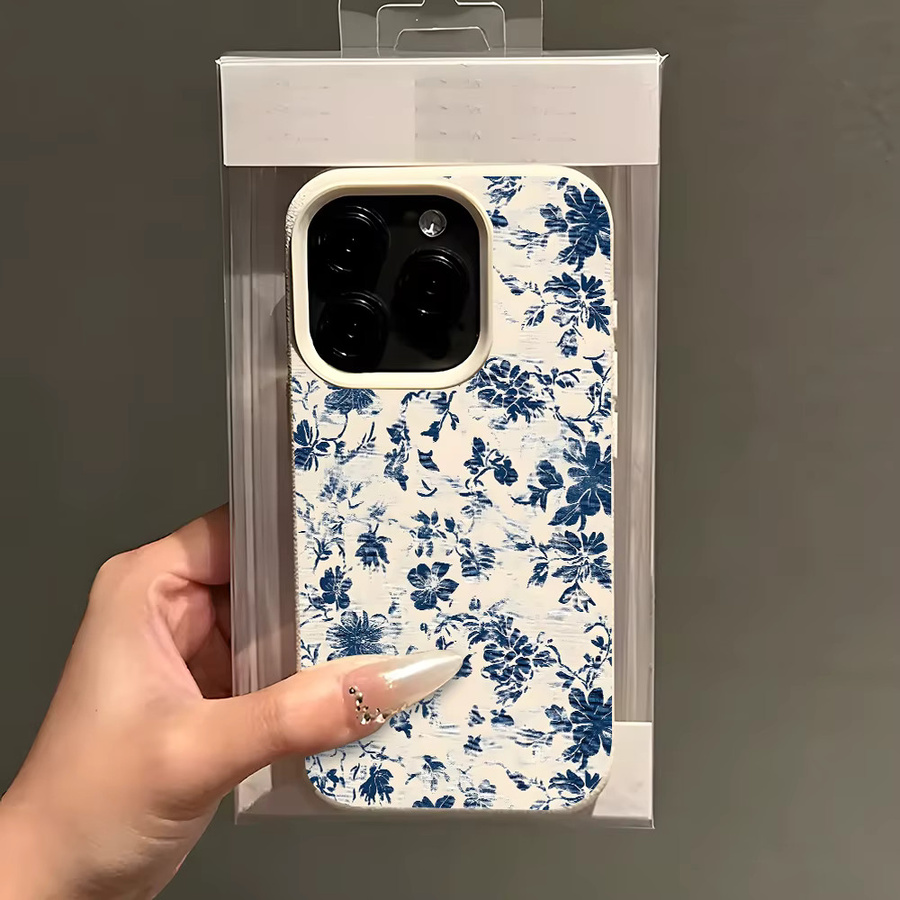 Lychee Silikonhülle mit blauem Blumenmuster für Apple iPhone Modelle, Soft-Handyhülle - Bild 4