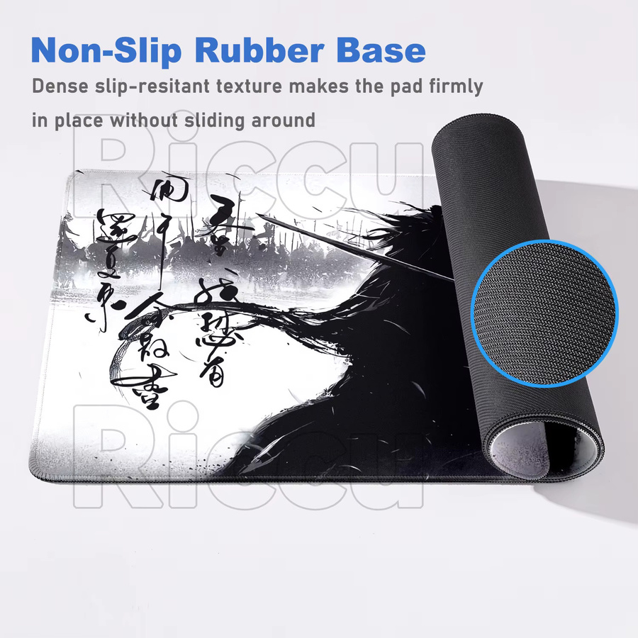 Riccu Gaming-Mauspad Japanisches Samurai-Motiv mit Baum und Sonne, rutschfeste Schreibtischunterlage aus Naturkautschuk, Schwarz/Mehrfarbig - Bild 5