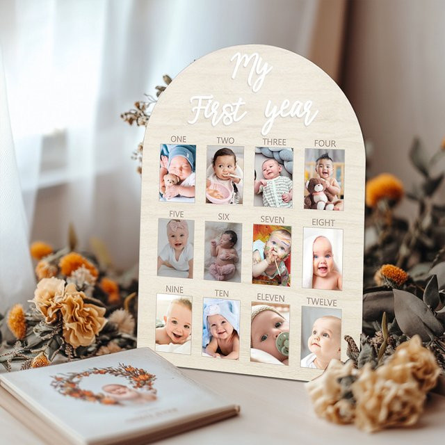 Meilensteinbrett Mein erstes Jahr Fotodisplay aus Holz in Beige und Braun für Baby Fotos und Geburtstage - Bild 1