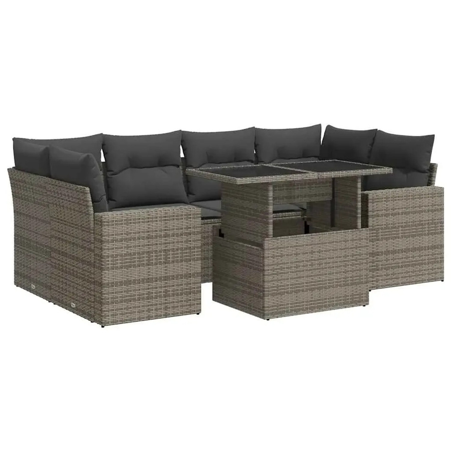 vidaXL 7-teilige Garten-Sofagarnitur in L-Form aus grauem Poly-Rattan mit Kissen und pulverbeschichtetem Stahlgestell - Bild 2