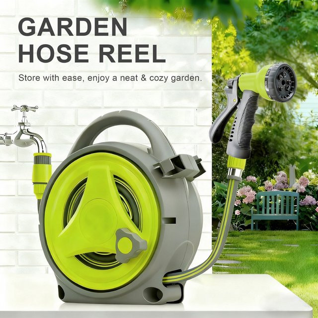 SAEIV Einziehbarer Gartenschlauchhalter in Grün mit 12 m Schlauchlänge für Gartenbewässerung und Autowäsche - Bild 1