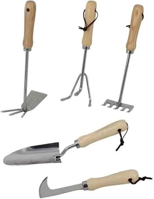 Galaflor Kleingeräte Set aus Edelstahl mit Holzgriff, 5 Teile, Silber und Braun - Bild 1