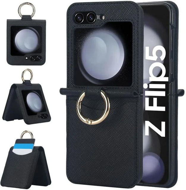 Lederring Handyhülle für Samsung Galaxy Z Flip 6 5 4 3 mit Kartenhalter und Brieftasche in Schwarz - Bild 1