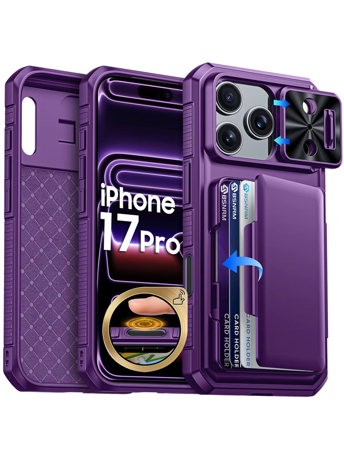 BANGZAO Wallet Case für iPhone 17 Pro mit Kartenhalter, Schiebe-Kameraabdeckung und Standfunktion in Lila - Bild 7