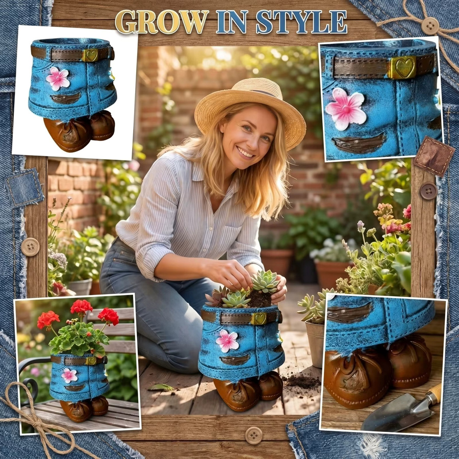 Kreativer Blumentopf in Jeansrock-Form in Blau, künstlerischer Sukkulententopf aus Kunststoff für dekorative Gartenornamente - Bild 2