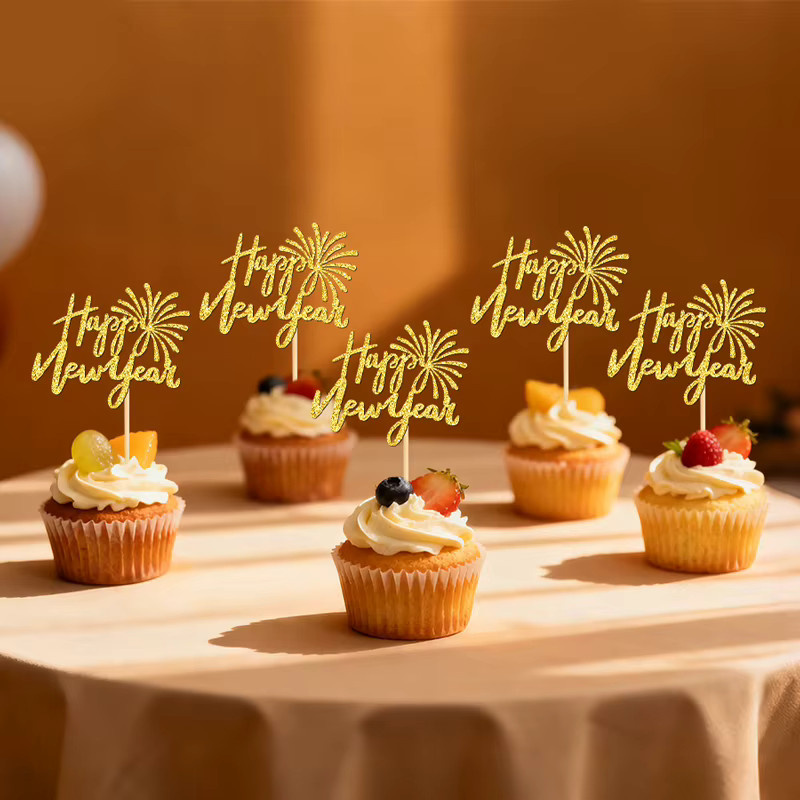 YOMDID 24 Stück Happy New Year Cupcake-Topper in Schwarz und Gold, glitzernde Neujahrs-Kuchenaufsätze für deine Party-Dekoration - Bild 2