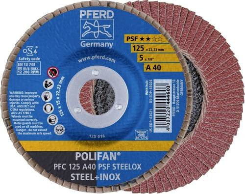 PFERD POLIFAN PSF STEELOX Fächerschleifscheibe für Stahl und Edelstahl, Körnung 40, Durchmesser: 125 mm, Bohrungs-Ø: 22,23 mm - Bild 1