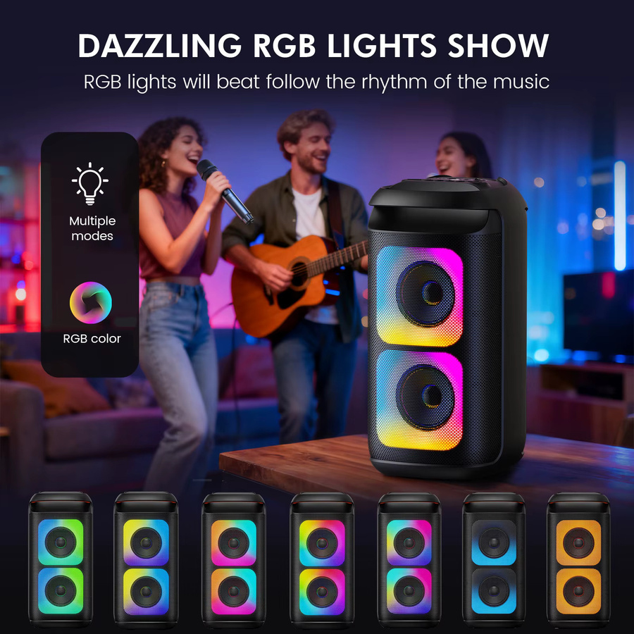 FanFun T37 Karaoke-Maschine in Schwarz mit 2 kabellosen Mikrofonen und Dual-8-Zoll-Subwoofern, tragbare Bluetooth Karaoke-Boombox - Bild 2