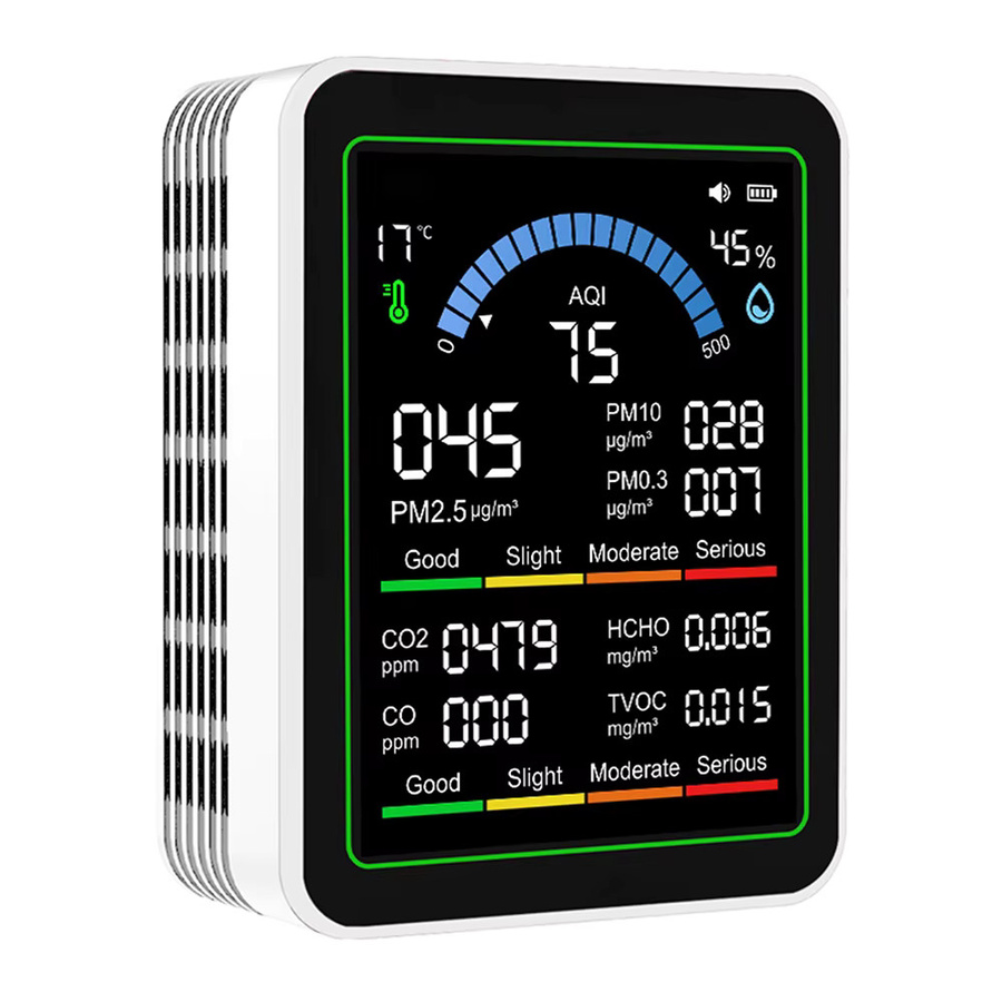 Aideepen 10-in-1 Luftqualitätsmonitor in Schwarz: CO CO2 PM2,5 PM0,3 PM1,0 Formaldehyd-Detektor sowie Temperatur- und Feuchtigkeitstester - Bild 2
