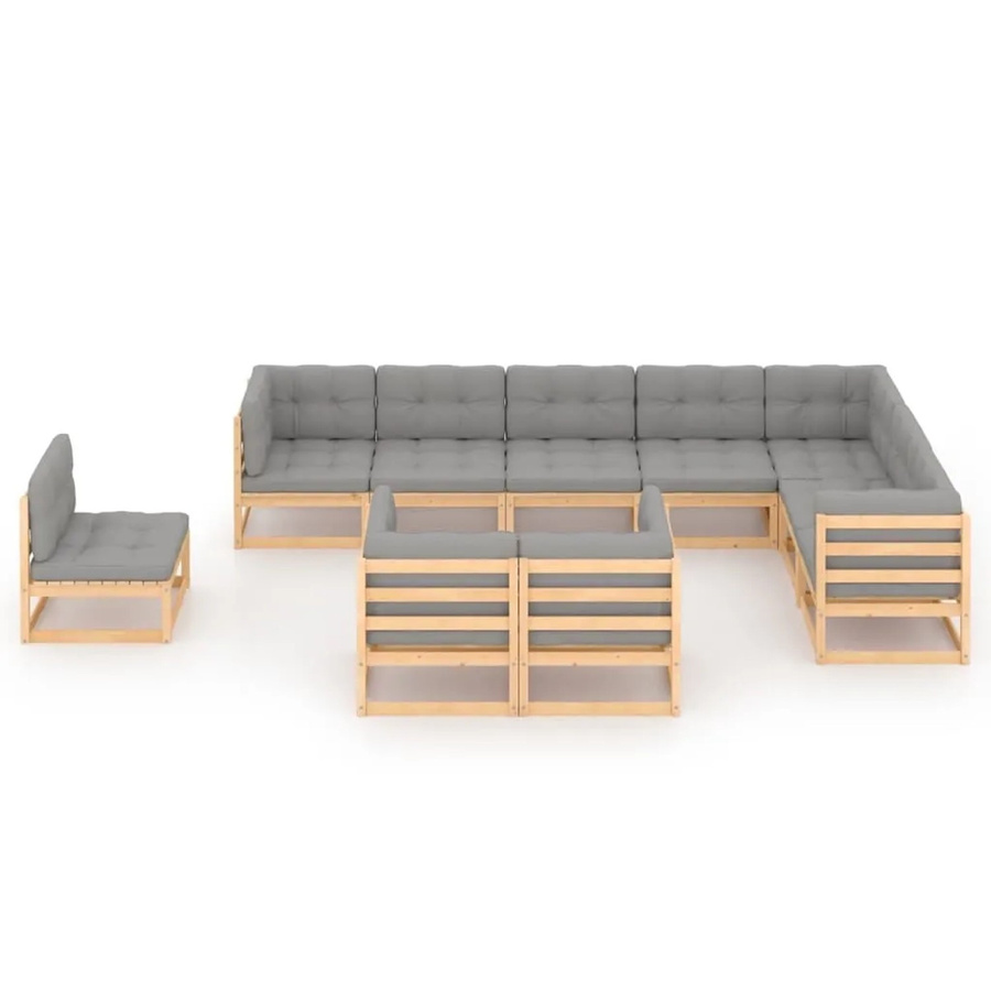 vidaXL 10-tlg Garten-Lounge-Set Modell 10 aus massivem Kiefernholz in U-Form mit grauen Kissen - Bild 2
