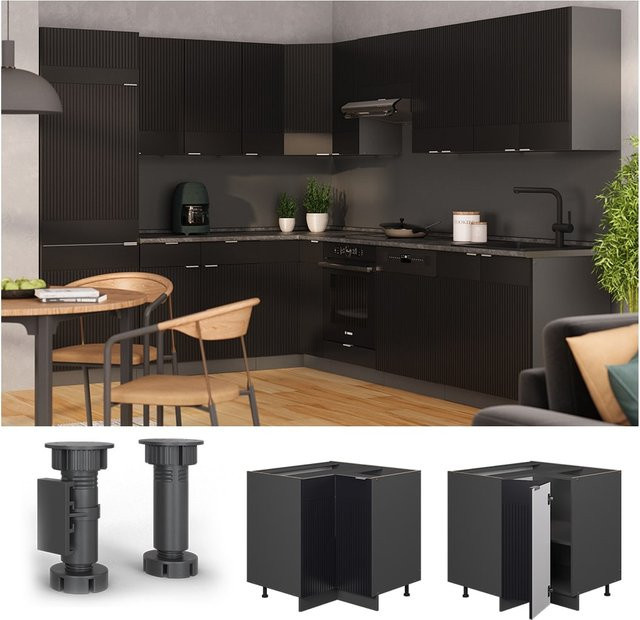 Vicco Eckunterschrank Fame-Line in Anthrazit und Schwarz gestreift mit Arbeitsplatte in Eiche, Breite: 87 cm - Bild 1