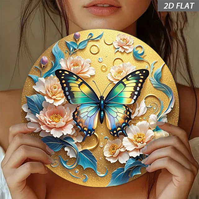 NiuLe Runde Wanddekoration aus Metall in Gold mit Schmetterling und Pfingstrosen im Vintage-Stil - Bild 1