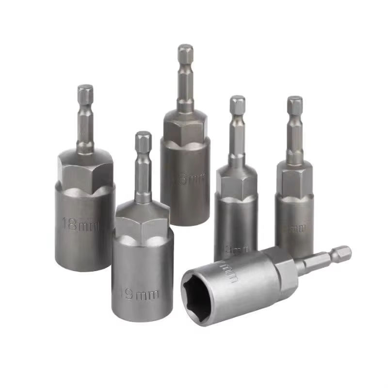 Universal Steckschlüsselsatz mit 1/4 Hex Schaft für elektrische Schrauber, Set aus tiefen Steckdosen in den Größen 8, 10, 12, 14 und 17 mm, Farbe: Silber - Bild 2