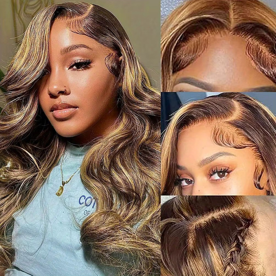 UVEOUS Echthaarperücke, Lace Front Perücke, Body Wave, P4/27 Highlight - Bild 5