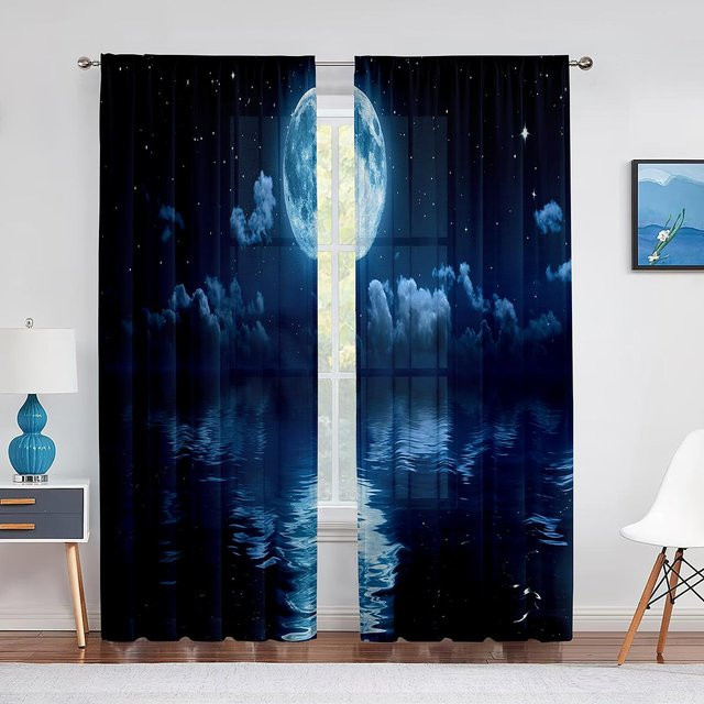 Super Six Transparenter Chiffon-Vorhang mit Sternen und Mond Design in Blau, Breite: 100 cm, Höhe: 250 cm - Bild 1