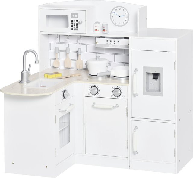 HOMCOM Kinderküche Spielküche mit elektronischem Wasserspender, Mikrowelle, Kühlschrank und Backofen inklusive Kochgeschirrset in Weiß - Bild 1