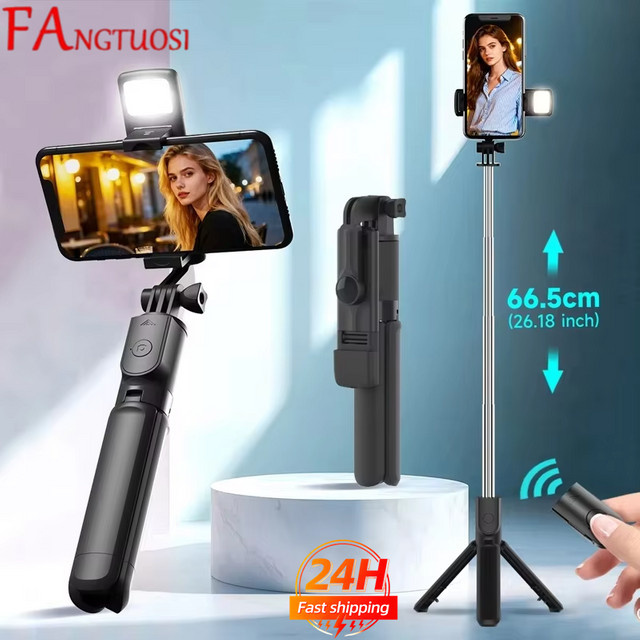 FANGTUOSI Handy-Selfie-Stick Stativ mit Bluetooth Fernbedienung, Handyhalter und Beauty-LED-Beleuchtung in Schwarz - Bild 1