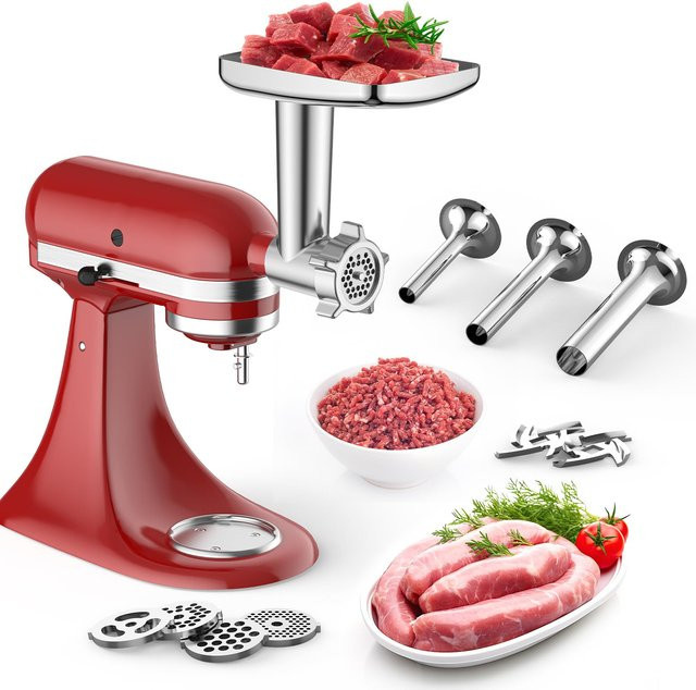 Gvode Metall-Fleischwolf-Aufsatz für KitchenAid Standmixer in Silber mit 4 Mahlplatten, 3 Wurstfüllern und 2 Klingen - Bild 1