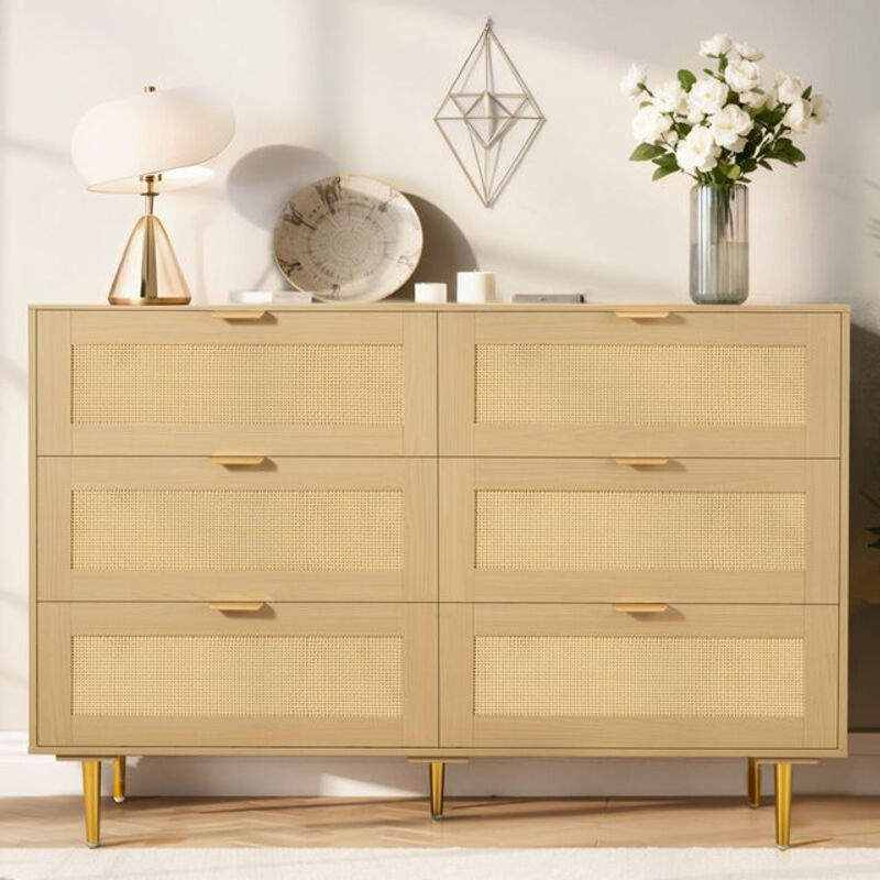 VEVOR Rattankommode mit 6 Schubladen in Beige oder Braun, moderner Aufbewahrungsschrank aus Spanplatte und Kunststoff-Rattan für Schlafzimmer oder Wohnzimmer, B/T/H: 120 x 39,5 x 85,4 cm - Bild 2