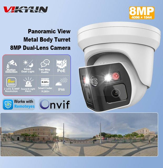 Vikylin 8MP Panorama-IP-Kamera mit zwei Lichtquellen, Zwei-Wege-Audio, PoE, Onvif und IP66-Schutz, Metall-Überwachungskamera in Weiß - Bild 1