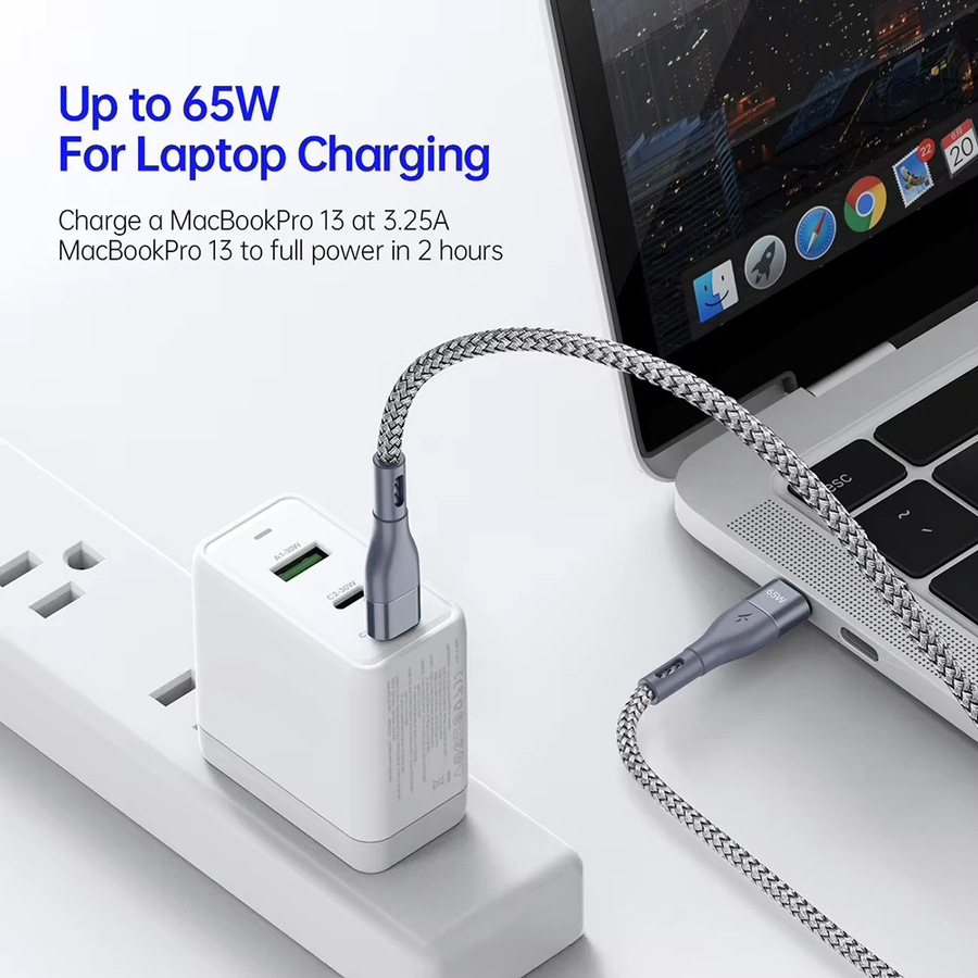 65 W USB C auf Typ C Schnellladedatenkabel in Grau mit geflochtenem Design für iPhone 15, Huawei und Samsung - Bild 3