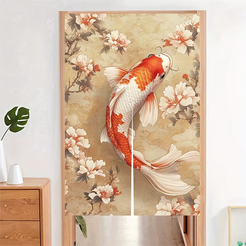 VIKAMA Türvorhang mit Koi- und Blumenmuster in Multicolour, traditioneller chinesischer Halbvorhang für Wohnzimmer und Küche - Bild 2