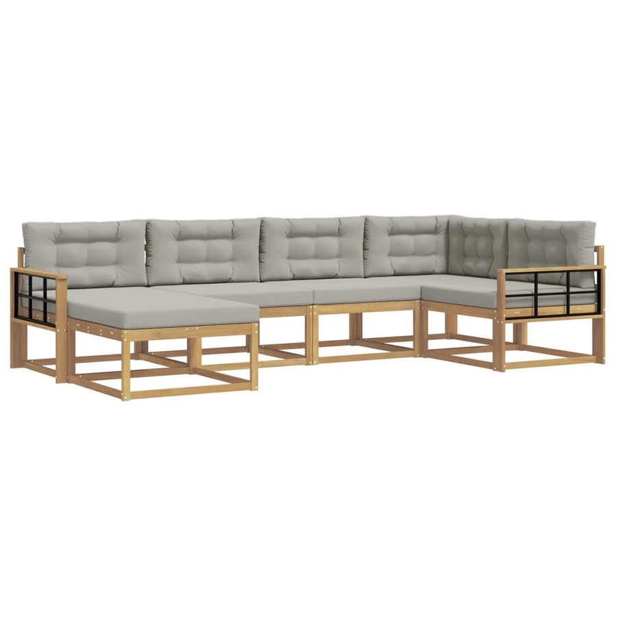 vidaXL Outdoor-Sofagarnitur 5-teilig in L-Form mit Ottoman, Weiß und Grau, aus Akazienholz und UV-beständigem Polyester - Bild 2