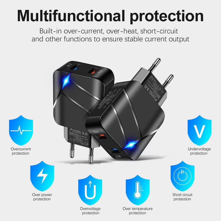 VAORLO 28W USB Schnellladegerät mit Doppelter USB 3.0 Buchse und Leuchtendem Anschluss in Schwarz - Bild 4