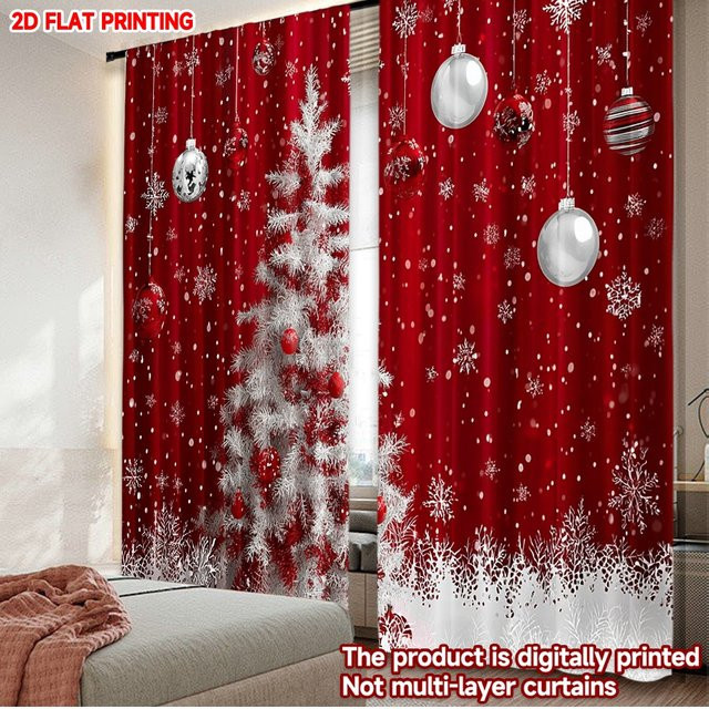 Set aus 2 weihnachtlichen Polyester-Vorhängen mit weißem Baum-Motiv in Weiß und Rot, semi-transparent und modern gestaltet - Bild 1
