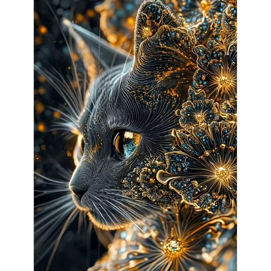 YUTTEE DIY Diamantmalerei Schwarze Katze mit Blumen als Wanddekoration, Schwarz und Mehrfarbig, B: 30,0 cm, H: 20,0 cm - Bild 3