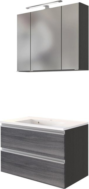 Held Möbel Waschtisch-Set Neapel 2-tlg. mit Spiegelschrank in Eiche Rauchsilber und Graphitgrau, Breite: 80 cm - Bild 1