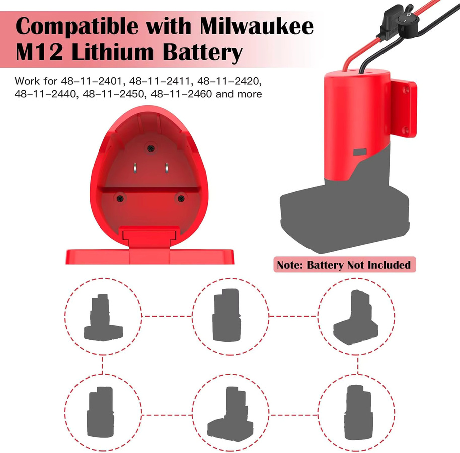 2er Pack Milwaukee M12 Batteriekonverter DIY-Adapter für 12 V Li-Ionen-Akkus mit Schalter in Rot - Bild 3