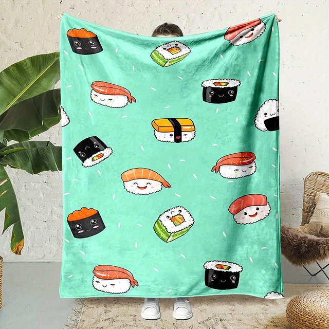 Gemütliche Flanell-Überwurfdecke mit Cartoon-Sushi-Print in Grün aus Polyester - Bild 1