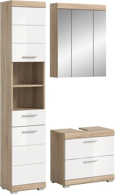 Badezimmer-Set Lambada von xonox.home in Eiche und Weiß Hochglanz, 3-teilig bestehend aus Unterschrank, Spiegelschrank mit LED-Beleuchtung und Hochschrank, B/H/T: 112 x 191 x 37 cm - Bild 1