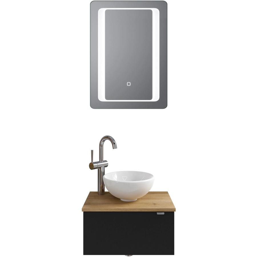 Pelipal Badmöbel-Set Serie 6915 Halifax Eiche und Schwarz Matt mit Waschtischunterschrank, Waschtischplatte, Keramik Aufsatzbecken und Funktionsspiegel mit LED-Beleuchtung - Bild 2