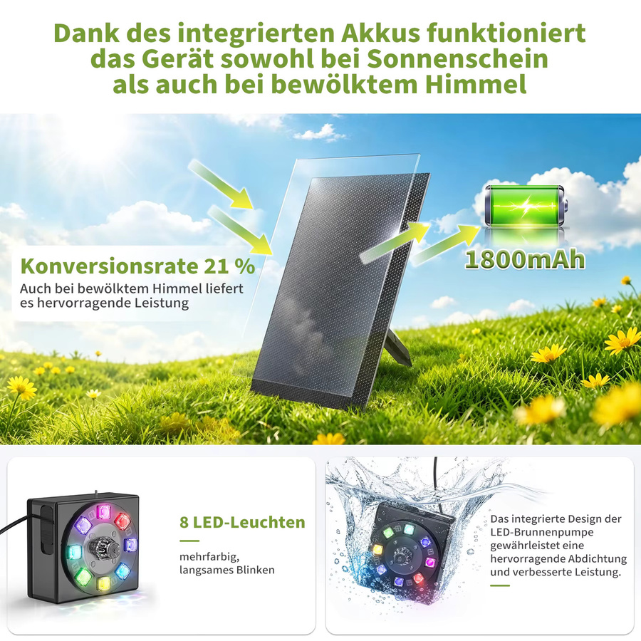 Forever Speed Solarbrunnen für den Außenbereich mit Akku und LED in Schwarz, Solar Springbrunnen für Garten, Teich und Vogelbad mit 8W und 100L/H Wassersprühhöhe - Bild 4