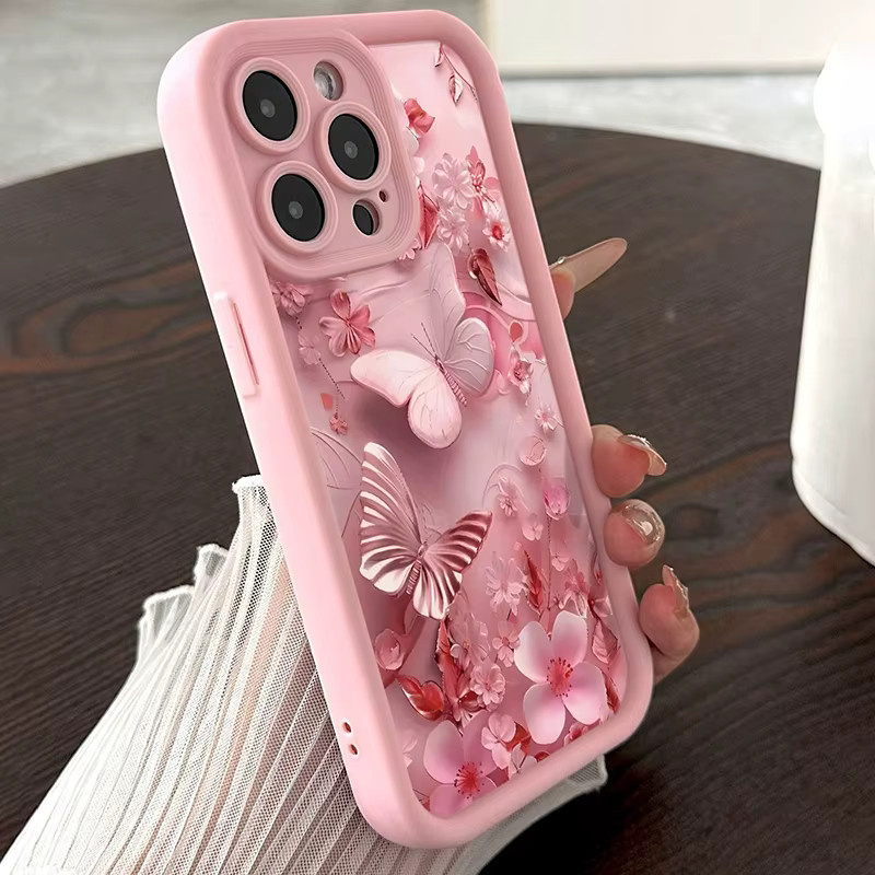 Handyhülle mit Blumen und Schmetterling Charm in Rosa für iPhone 11 bis iPhone 17 Pro Max, Silikon Soft Cover - Bild 4