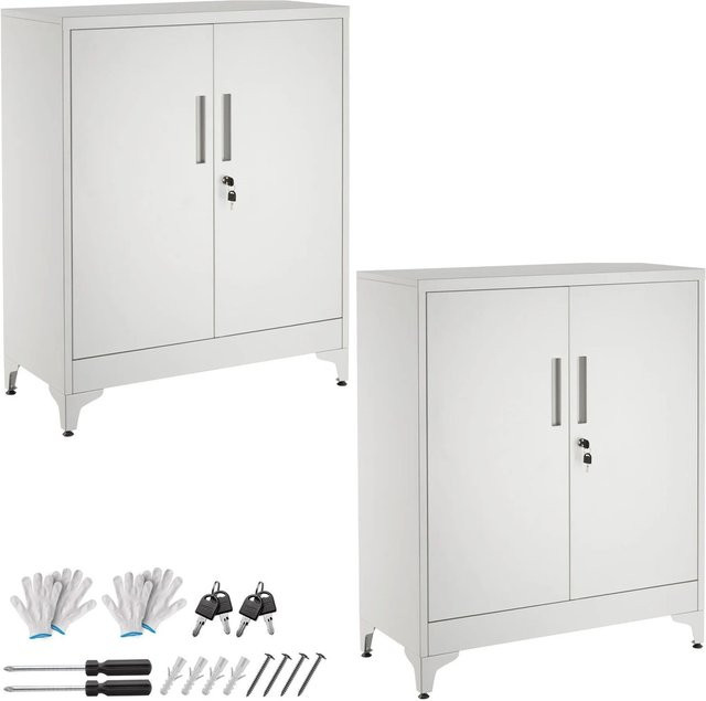 Tectake Aktenschrank Blake 2er Set, Grau, mit verstellbaren Zwischenböden und Schloss, B/T/H: 80 x 40 x 100 cm - Bild 1