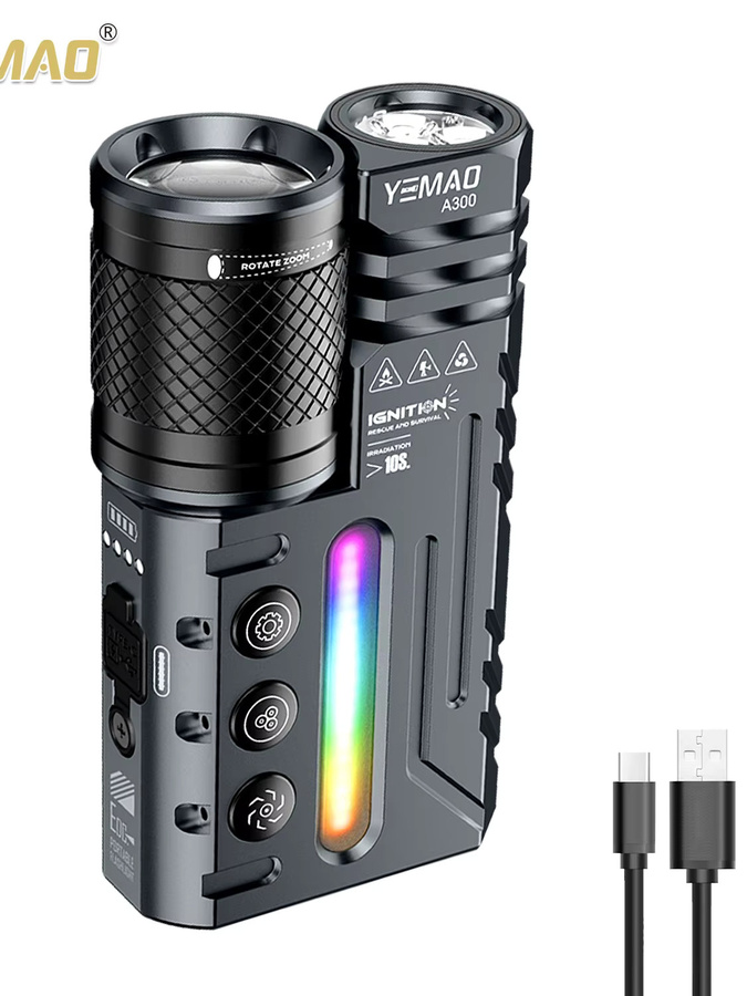 YEMAO A300 Dual-Core EDC-Taschenlampe in Schwarz mit 3500 lm, zoombarem Flutlicht, 400 m Reichweite, RGB-Atmosphärenlicht und 4800 mAh Akku - Bild 4