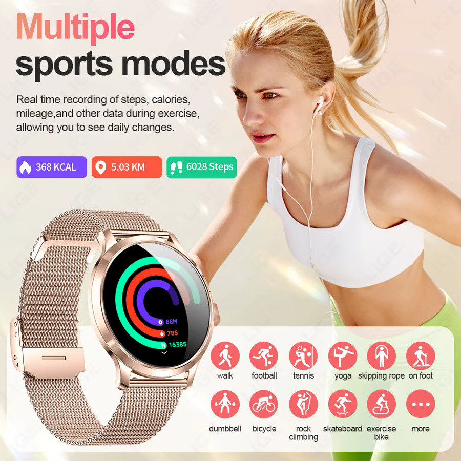 LIGE Smartwatch, Damen, 1,32 Zoll, Schwarz, Roségold, Milanaise, wasserdicht - Bild 4