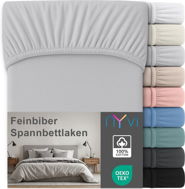NYVI Feinbiber Spannbettlaken Deluxe aus 100% Baumwolle, Silber, B/T: 90 x 200 cm, Steghöhe bis 25 cm, bügelfrei und extra warm - Bild 1